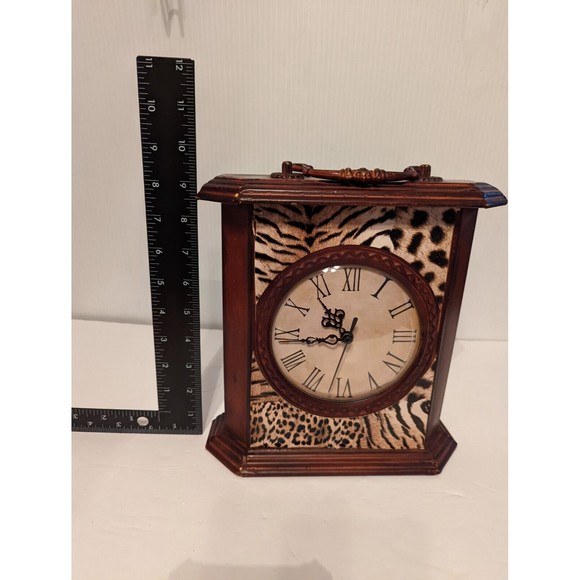 All Metal Handle Mantel Clock Safari  Wood design Back Secret Compartment Door - Picture 10 of 12
